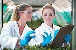 Female scientists monitoring plant samples and recording data