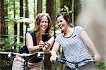 Two women mountain bikers looking at smartphone in forest