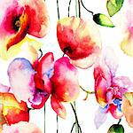 Seamless pattern with Poppy and Orchids flowers, watercolor illustration