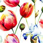 Seamless pattern with Iris and Tulips flowers, watercolor illustration