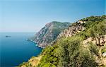 Via Nastro Azzurro, Amalfi Coast. Stunning landscape with hills and Mediterranean sea, Italy
