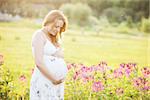 Young pregnant woman looking at her belly and smiling in a park