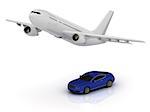 Passenger airliner and blue car. Top view isolated on white