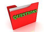 QUESTIONS bright green letters on a red folder on a white background