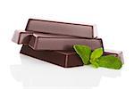 Luxurious chocolate bar with fresh mint leaf isolated on white background. Mint chocolate concept.