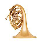 Golden french horn in soft light isolated on white background