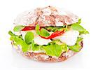 Wholewheat bread with fresh goat cheese, salad and fresh vegetables isolated on white.