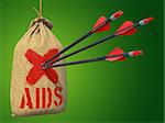 AIDS - Three Arrows Hit in Red Target Hanging on the Sack on Green Background.