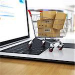 E-commerce. Shopping cart with cardboard boxes on laptop. 3d