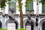 Tourist attractions and destination scenics. View of statues in the Cathedral square of Casco Antiguo, Panama City