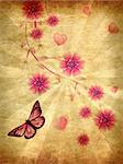 Beautiful pink ornament with butterflies and flowers on grunge paper.