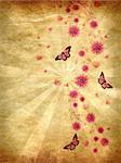 Beautiful pink ornament with butterflies and flowers on grunge paper.