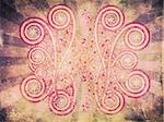 Abstract digital illustration of grunge pink ornament on rays background.