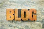 blog - a word in vintage letterpress wood type on a green slate rock background