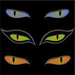 Three pairs of beautiful cat eyes on a black background, hand drawing vector illustration