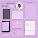 Corporate identity template on light purple background. Use layer "Print" in vector file to recolor objects. Eps-10 with transparency.