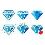 Blue, shiny diamonds icons set isolated on white