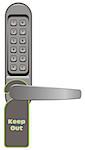 Door handle with combination lock and signboard Keep Out. Vector illustration.