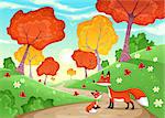 Landscape with family of foxes. Cartoon and vector illustration
