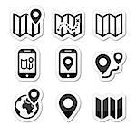 Map and navigation vector icons set isolated on white