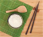 Japanese food ingredients and utensils on bamboo table