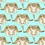 Sketch cute goat head in vintage style, seamless pattern