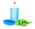 blue detergent, sponge blue and light green gloves