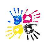 handprints yellow, blue, pink and black on an isolated white background
