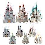 Set of medieval castles in different colors. Cartoon and vector isolated objects.