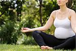 Cropped view of white beautiful pregnant woman doing yoga exercise in park sitting on grass, lotus position. Copy space