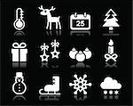Xmas icons set with reflection - snowman, present, Christmas tree, reindeer isolated on black