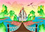 Fantasy landscape with castle. Somewhere inside me. Vector illustration