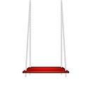 Red swing hanging on white ropes on white background