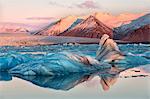 View across the calm water of Jokulsarlon glacial lagoon towards snow-capped mountains and icebergs bathed in winter morning light, at the head of the Breidamerkurjokull Glacier on the edge of the Vatnajokull National Park, South Iceland, Iceland, Polar Regions