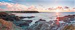 Rocky coast at Treyarnon Bay at sunset, Cornwall, England, United Kingdom, Europe