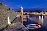 Lighthouse at old Venetian harbour, Rethymno (Rethymnon), Crete, Greek Islands, Greece, Europe