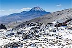 View from Mount Ruapehu of Mount Ngauruhoe with a ski cottage in the foreground, Tongariro National Park, UNESCO World Heritage Site, North Island, New Zealand, Pacific