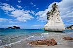 Giant rock on the sandy beach of Cathedral Cove, Coromandel, North Island, New Zealand, Pacific