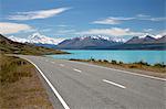 Mount Cook and Lake Pukaki with empty Mount Cook Road, Mount Cook National Park, UNESCO World Heritage Site, Canterbury region, South Island, New Zealand, Pacific