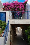 View of passage over alley stairs with bougainvillea flowers in mountain village, Greece