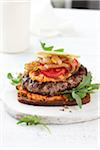 Turkey Burger with Caramelized Onions and Hummus on Rye Bread, Studio Shot