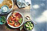 Overhead View of Corn Tortillas, Shrimp, Avocado and Sour Cream