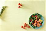 Overhead View of Shrimps with Spinach and Grape Tomatoes, Studio Shot