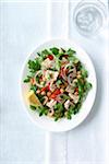 Overhead View of Salad with Red Onion, Chickpeas, Red Peppers, Tuna and Lemon Wedge, Studio Shot