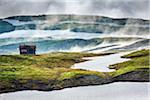 House in Mist, Skjelingavatnet near Vik, Sogn og Fjordane, Norway