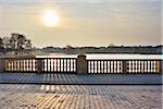 Balustrade with cobblestone road and Sun, Schwerin, Western Pomerania, Mecklenburg-Vorpommern, Germany