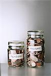 Pension and holiday change savings jars on counter