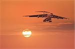 Landing of the plane at sunset.