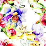 Seamless patterns with flowers, watercolor illustration