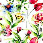 Seamless wallpaper with Stylized flower, watercolor illustration